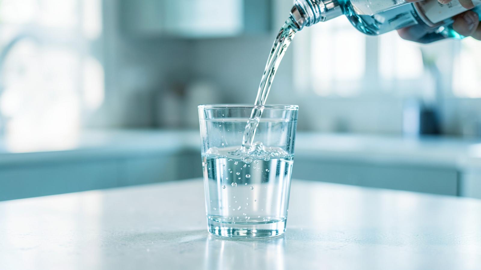 Clean water being poured into a glass in a bright Florida kitchen
