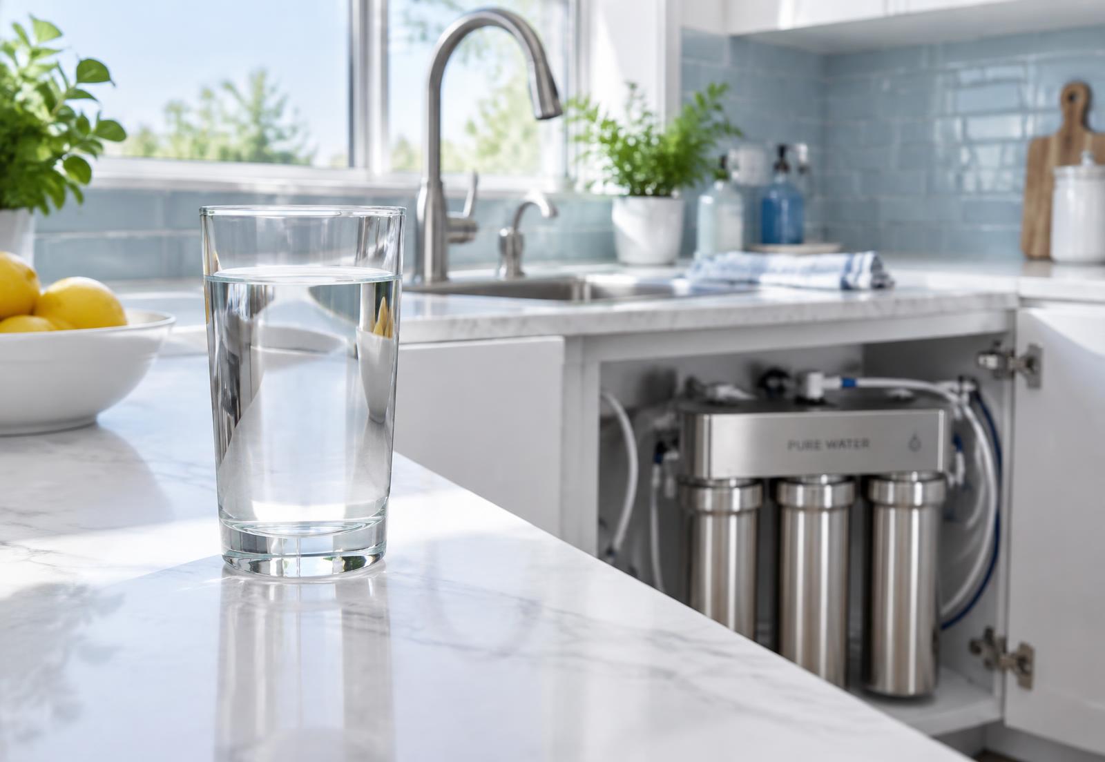 Glass of clear filtered drinking water beside an under-sink water filtration system in a bright Central Florida kitchen