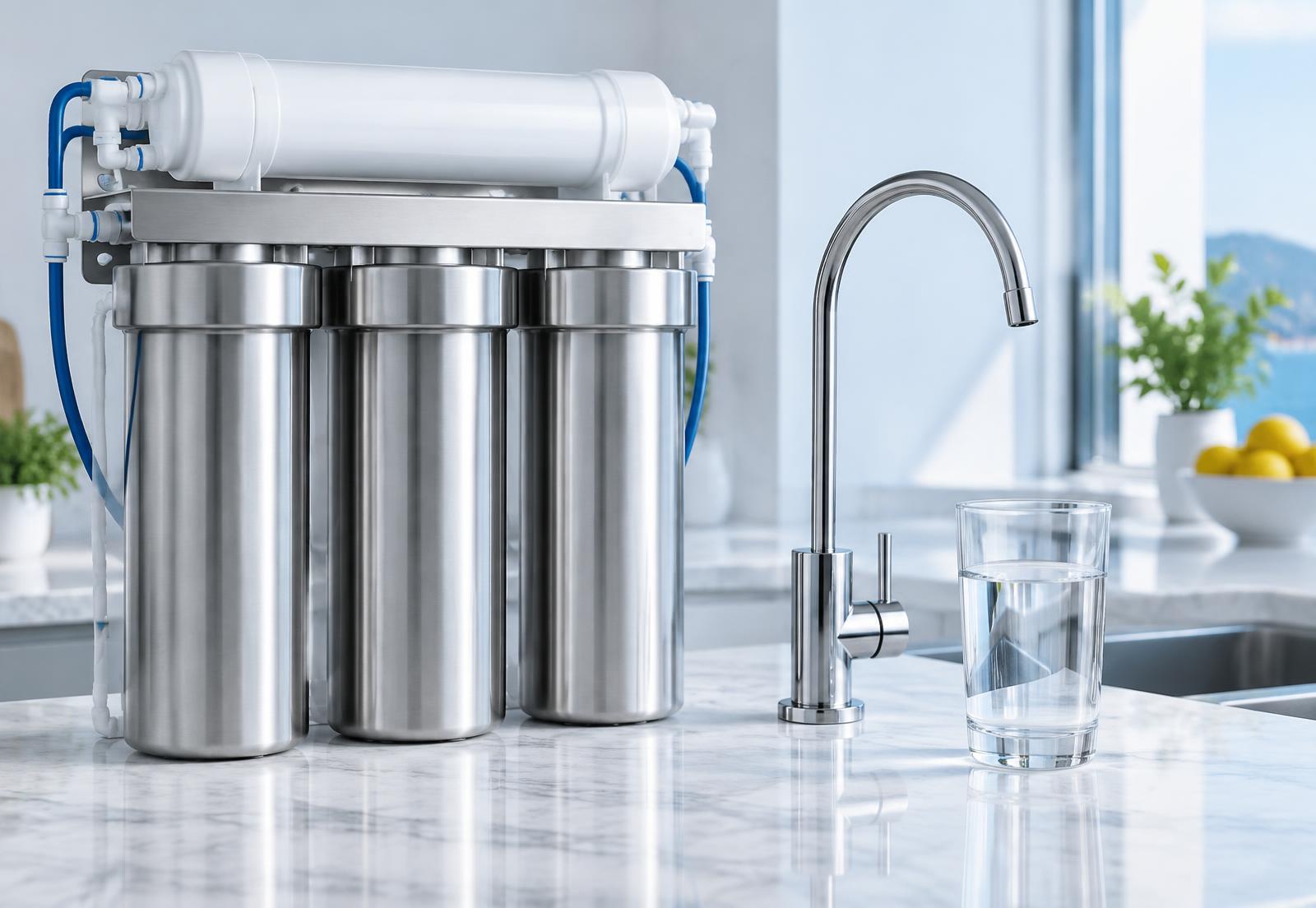 Under-sink reverse osmosis filtration system with stainless housings beside a dedicated drinking-water faucet and a clear glass of water