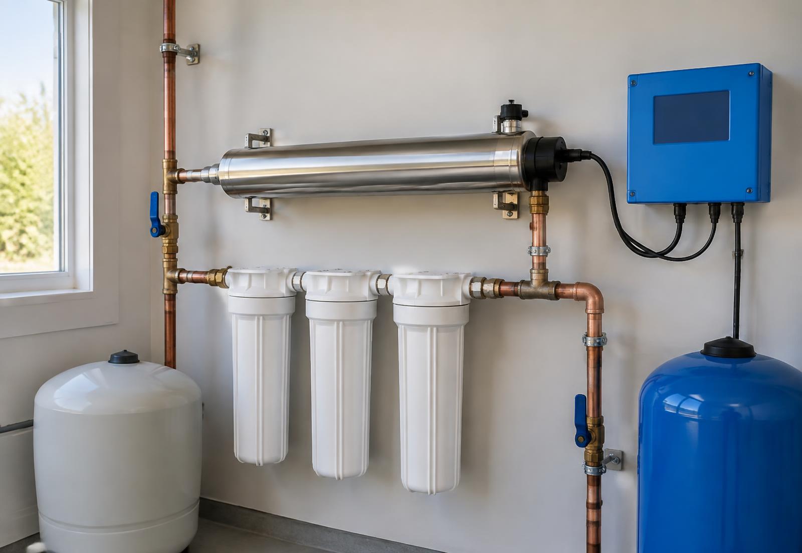 Stainless steel ultraviolet water disinfection chamber mounted beside filter housings and copper plumbing in a clean utility room